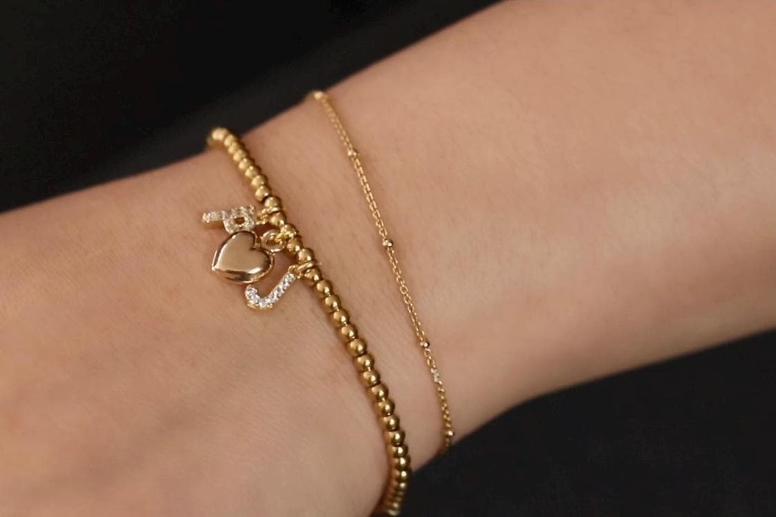 Elastic Gold Filled Beaded Bracelet, Dainty Love Heart Charm Bangle, Personalised Initial Name Card Jewellery