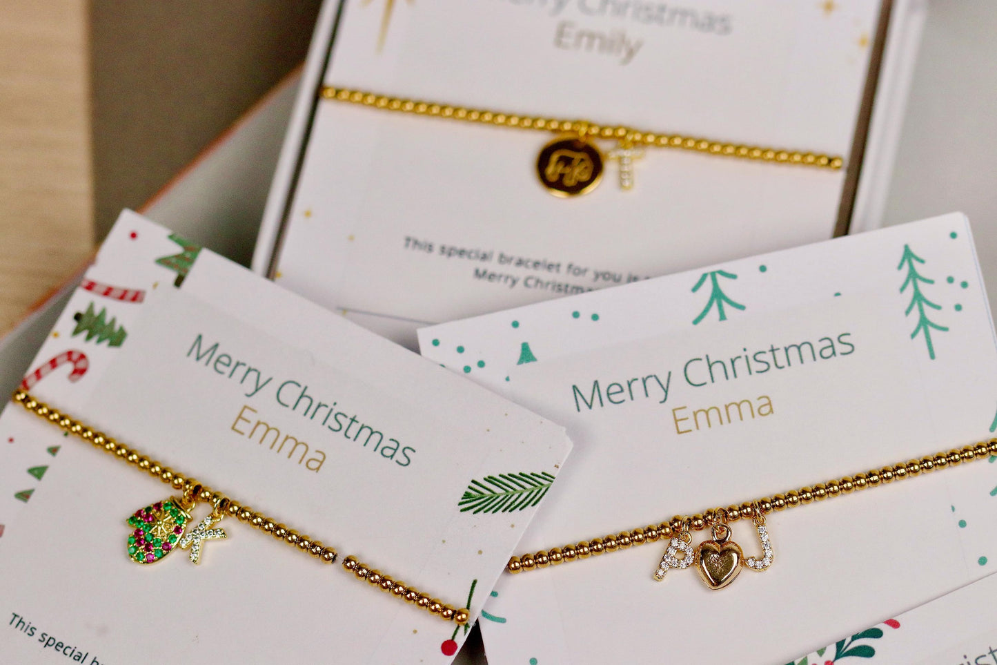 Elastic Gold Filled Beaded Bracelet, Dainty Love Heart Charm Bangle, Personalised Initial Name Card Jewellery