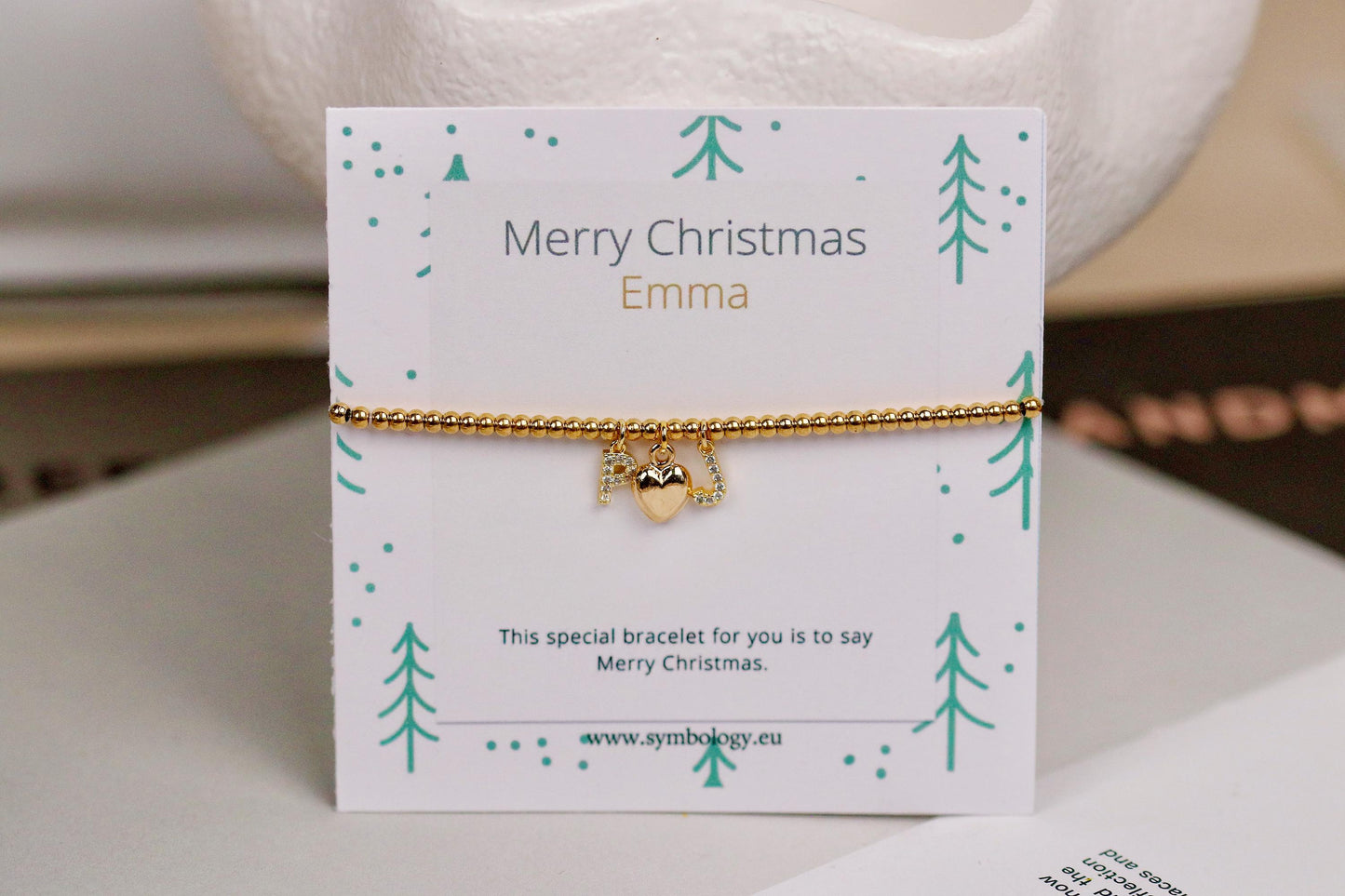 Elastic Gold Filled Beaded Bracelet, Dainty Love Heart Charm Bangle, Personalised Initial Name Card Jewellery