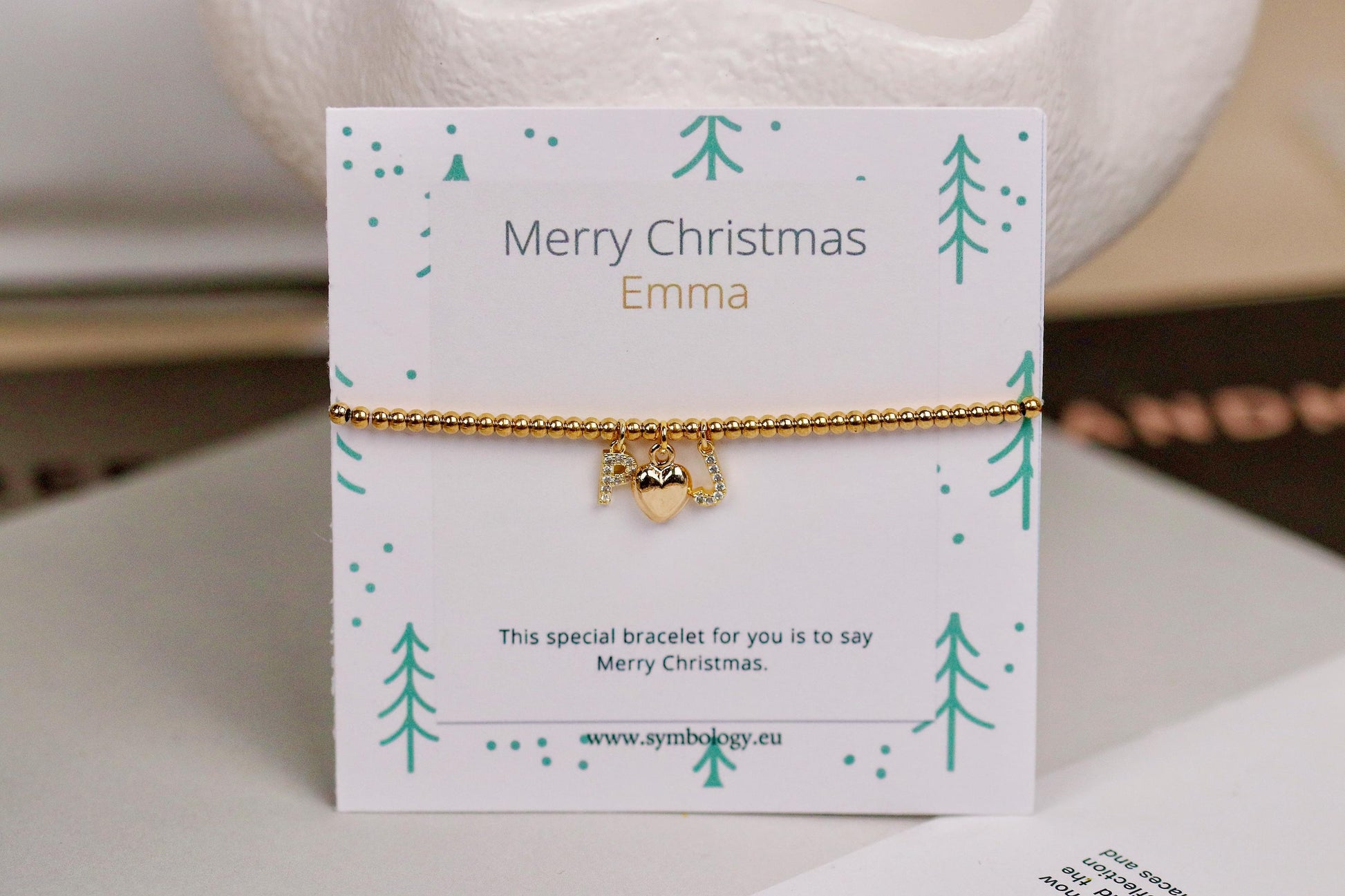 Elastic Gold Filled Beaded Bracelet, Dainty Love Heart Charm Bangle, Personalised Initial Name Card Jewellery