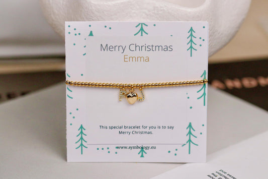 Elastic Gold Filled Beaded Bracelet, Dainty Love Heart Charm Bangle, Personalised Initial Name Card Jewellery