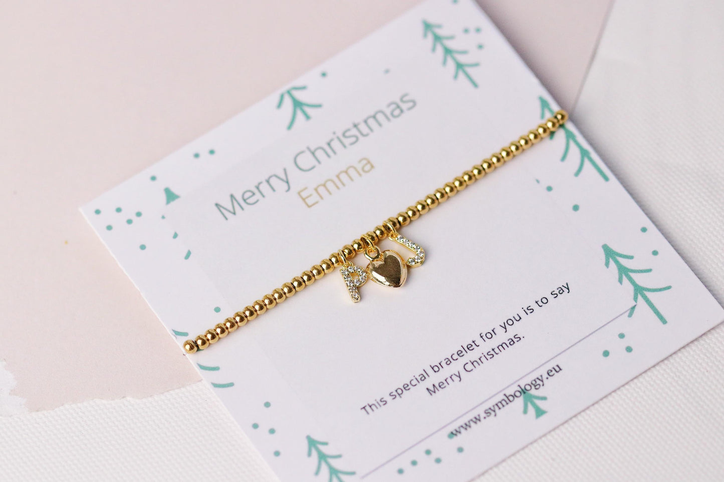 Elastic Gold Filled Beaded Bracelet, Dainty Love Heart Charm Bangle, Personalised Initial Name Card Jewellery