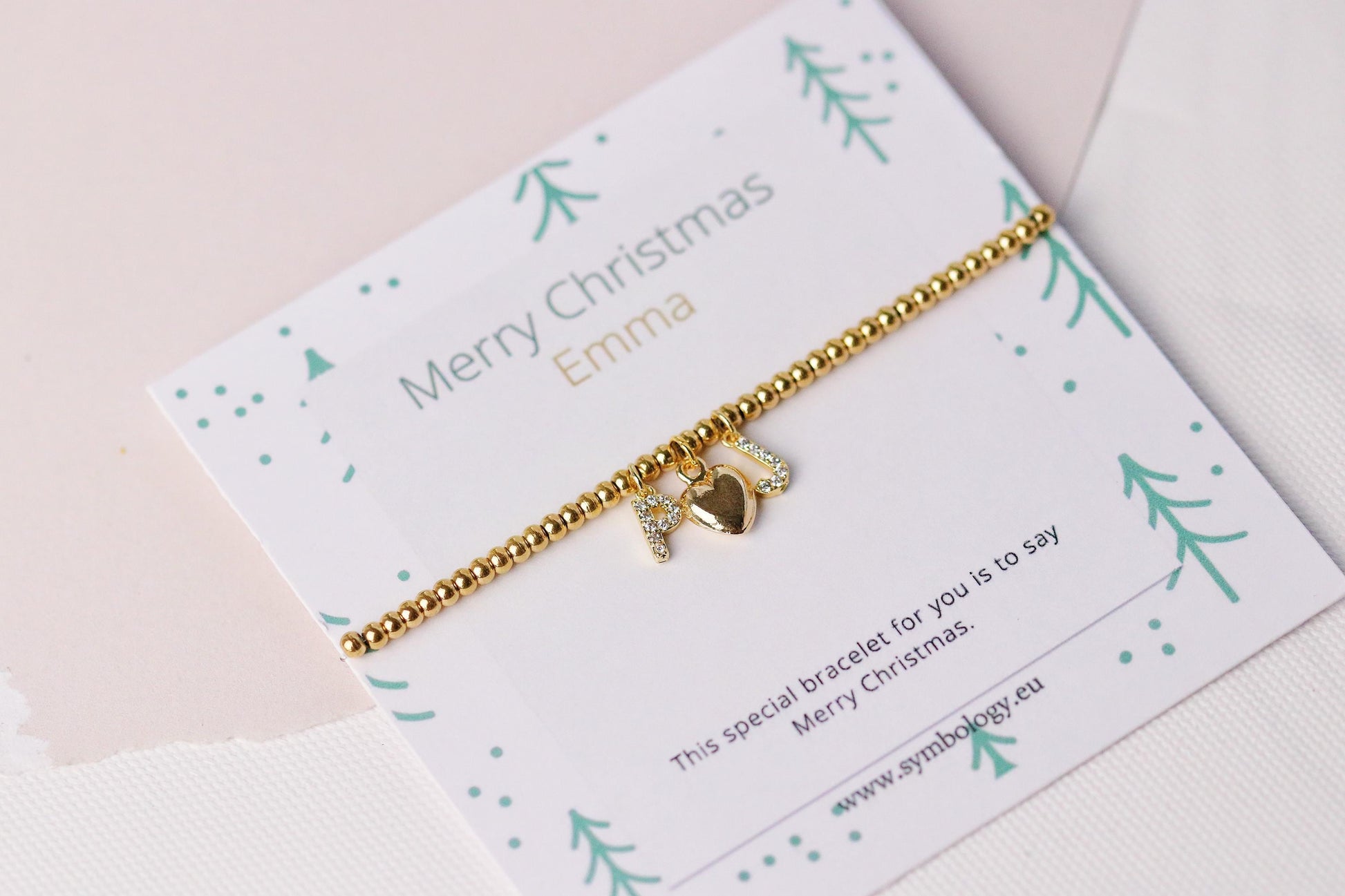 Elastic Gold Filled Beaded Bracelet, Dainty Love Heart Charm Bangle, Personalised Initial Name Card Jewellery