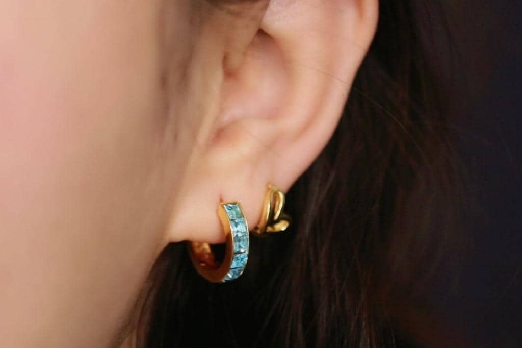 March Birthstone Earrings: Aqua CZ Crystal Hoops, Gold Plated Birthday Jewellery