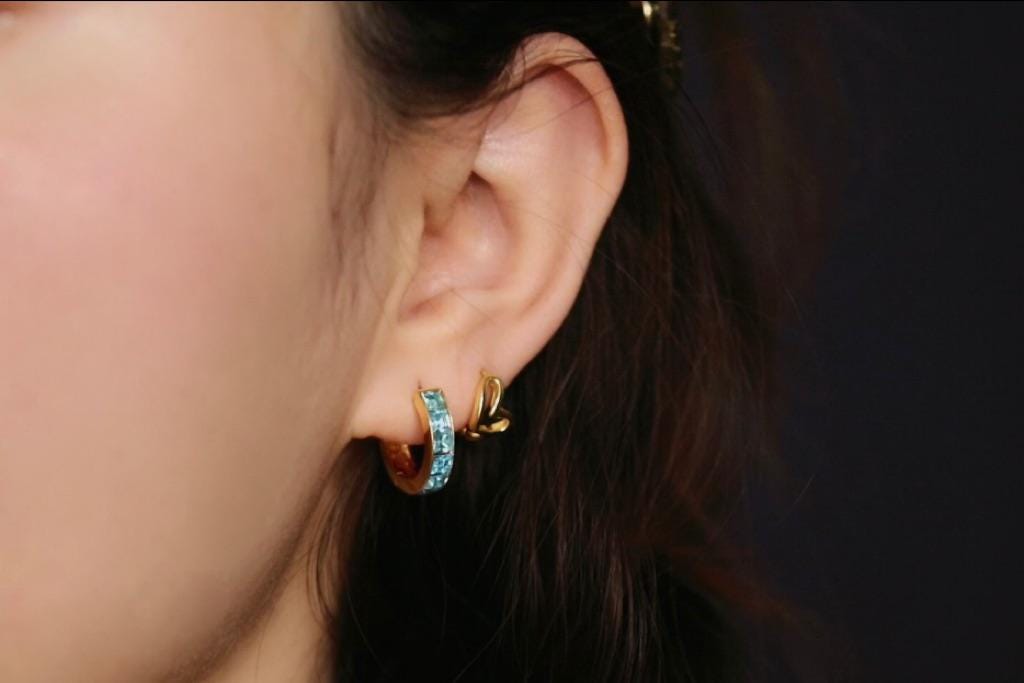 March Birthstone Earrings: Aqua CZ Crystal Hoops, Gold Plated Birthday Jewellery