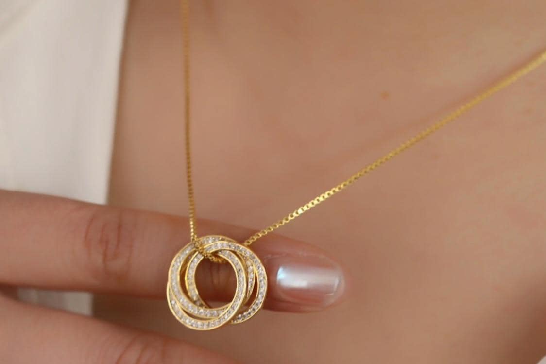 30th Birthday Necklace, Gold Triple Circle Pendant, CZ Three Rings Symbolic Dainty Jewellery for Thirty Birthday Gift, Minimalist