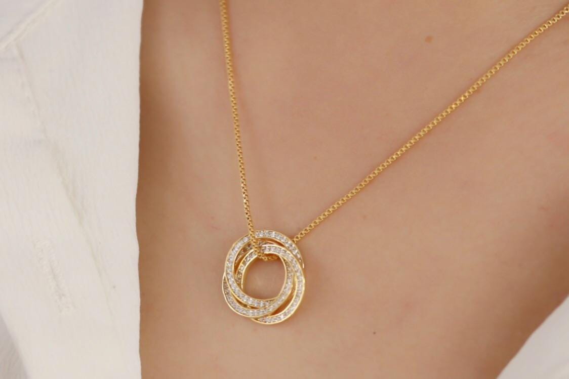 30th Birthday Necklace, Gold Triple Circle Pendant, CZ Three Rings Symbolic Dainty Jewellery for Thirty Birthday Gift, Minimalist