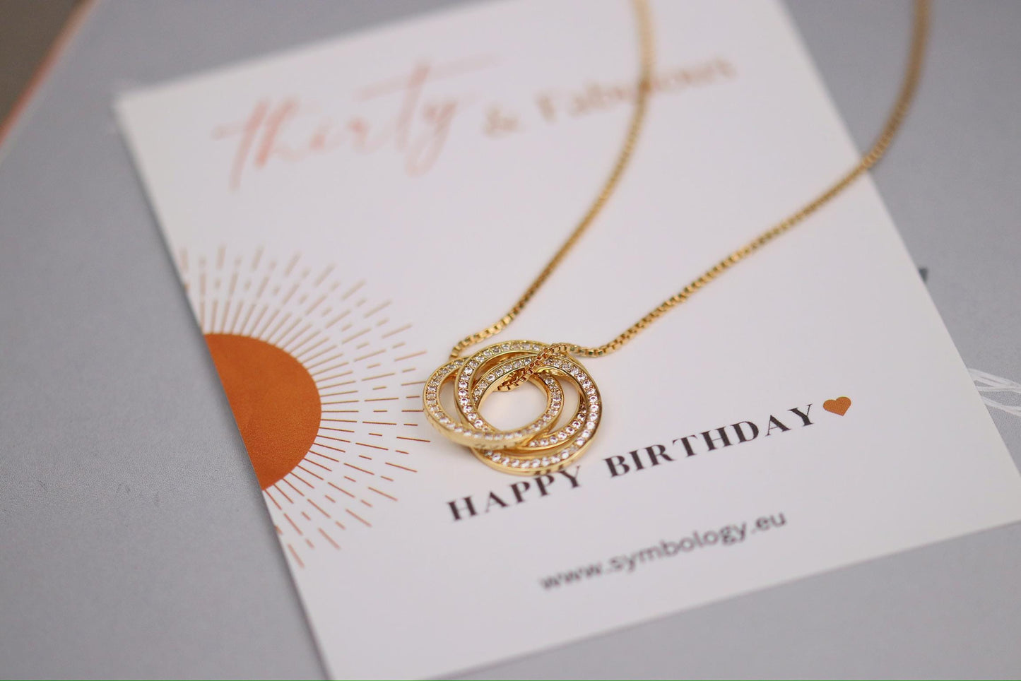 30th Birthday Necklace, Gold Triple Circle Pendant, CZ Three Rings Symbolic Dainty Jewellery for Thirty Birthday Gift, Minimalist