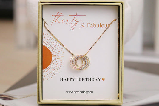 30th Birthday Necklace, Gold Triple Circle Pendant, CZ Three Rings Symbolic Dainty Jewellery for Thirty Birthday Gift, Minimalist
