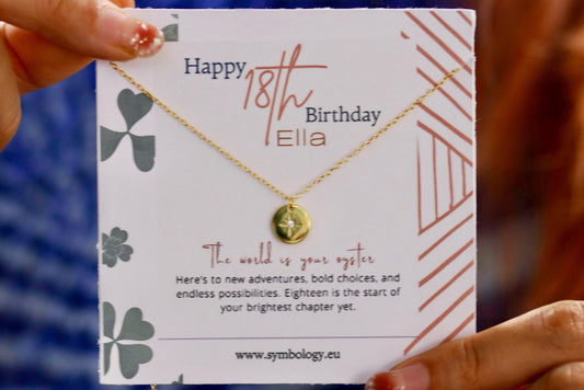 Sweet 18th Birthday Gift for Daughter, Sterling Silver Northern Star Necklace, Eighteen Compass Pendant with Personalised Name Card