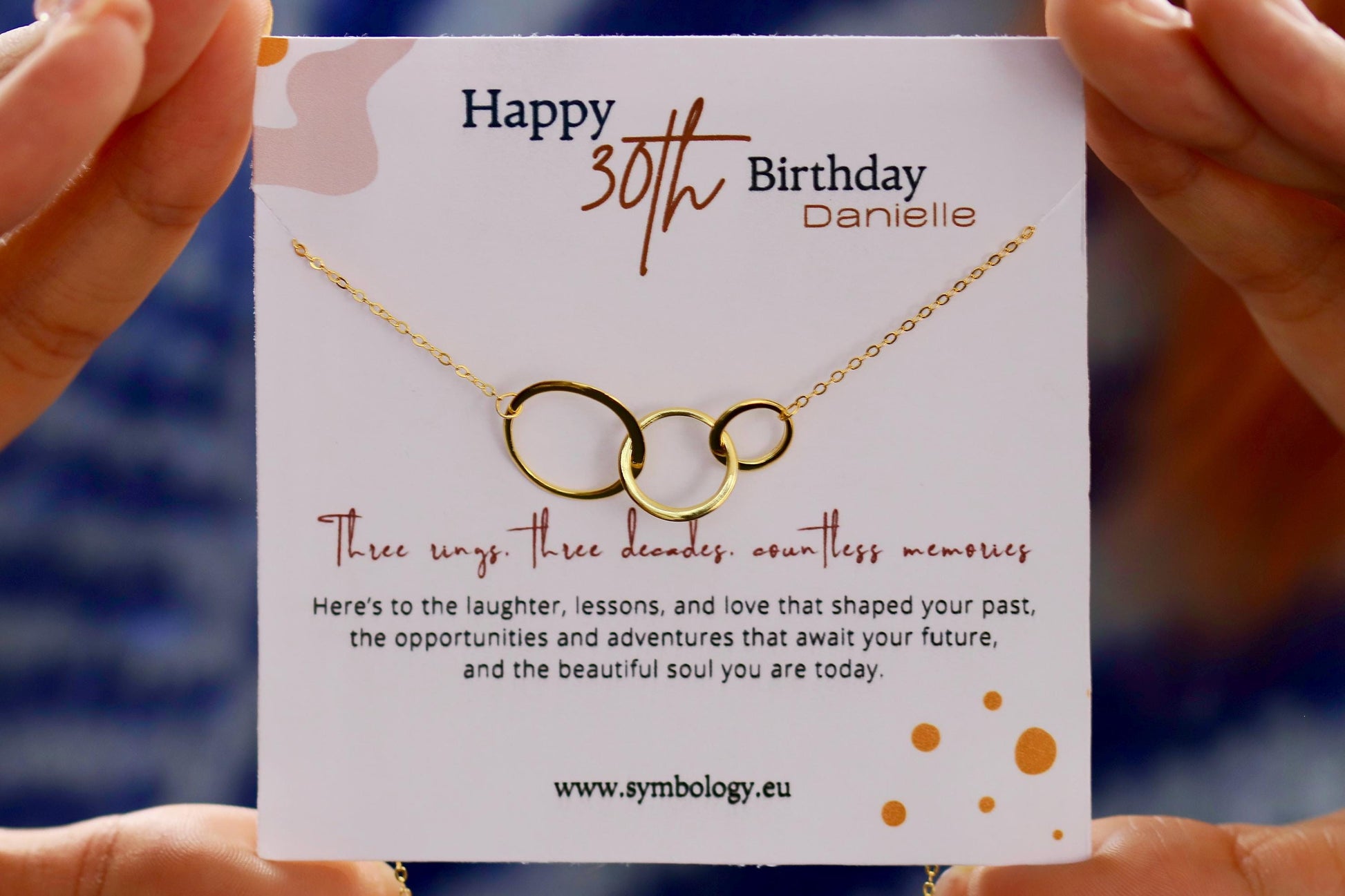 Sweet 30th Birthday Gift,Sterling Silver Triple Ring Necklace, Minimalist Jewellery, Interlocking Circle Pendant with Personalised Name Card