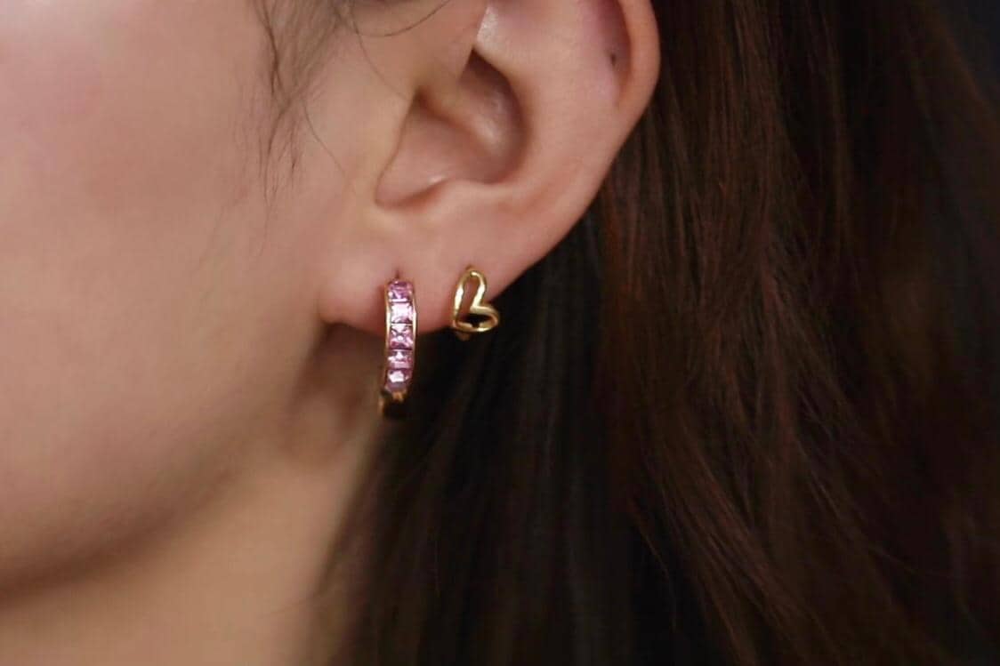 Gold October Birthstone Earrings: Rose Quartz Swarovski Crystal Huggies, Minimalist Jewellery for Woman