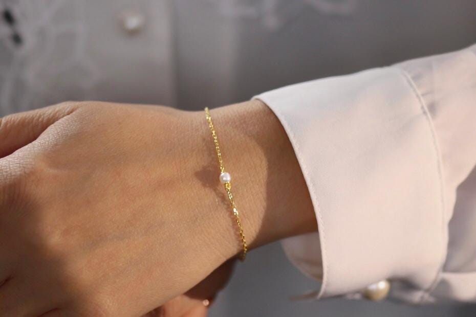 Sterling Silver Tiny Pearl Bracelet: Gold Vermeil Stacking Bracelet, Christmas Gift for Besties