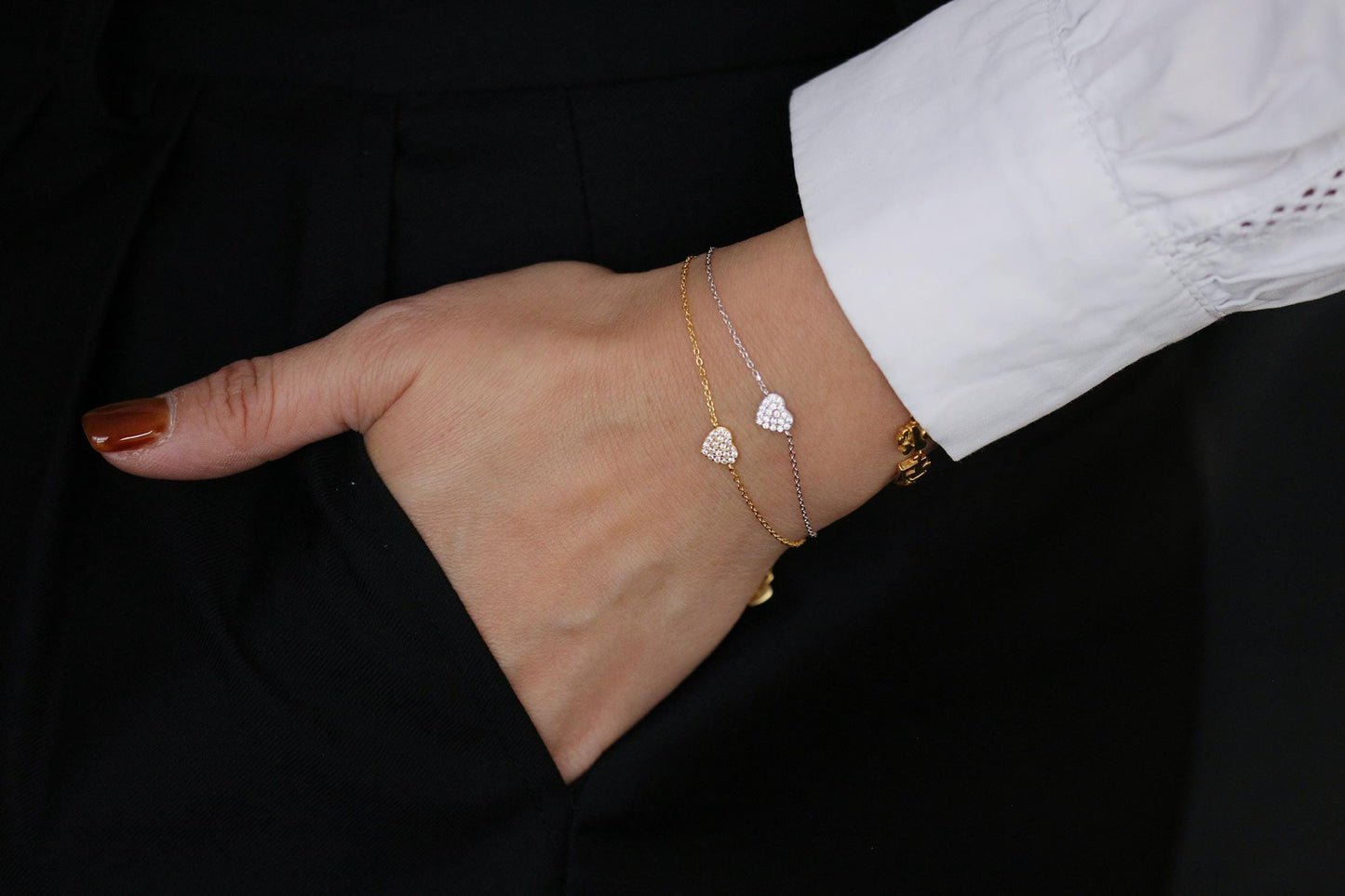 925 Sterling Silver or Gold Heart Bracelet – Dainty CZ Crystal Heart Chain, Minimalist Jewellery, Christmas Gift for Her