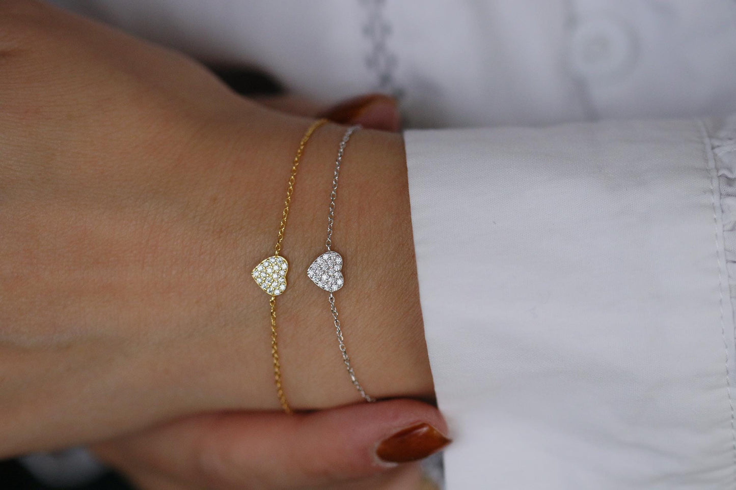 925 Sterling Silver or Gold Heart Bracelet – Dainty CZ Crystal Heart Chain, Minimalist Jewellery, Christmas Gift for Her