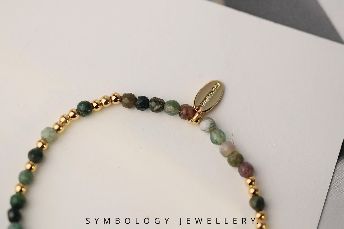 Indian Agate Beaded Initial Bracelet, Personalised Gemstone Name Bracelet, Gold Filled CZ Alphabet Charm Jewellery, Gingerbread Man