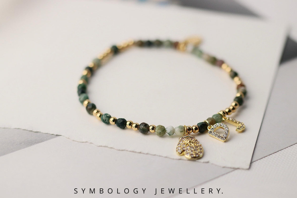 Personalised Gemstone Initial Bracelet – Red Agate & Indian Agate Beaded Bangle with Gold Filled CZ Alphabet Charm, Gingerbread Man