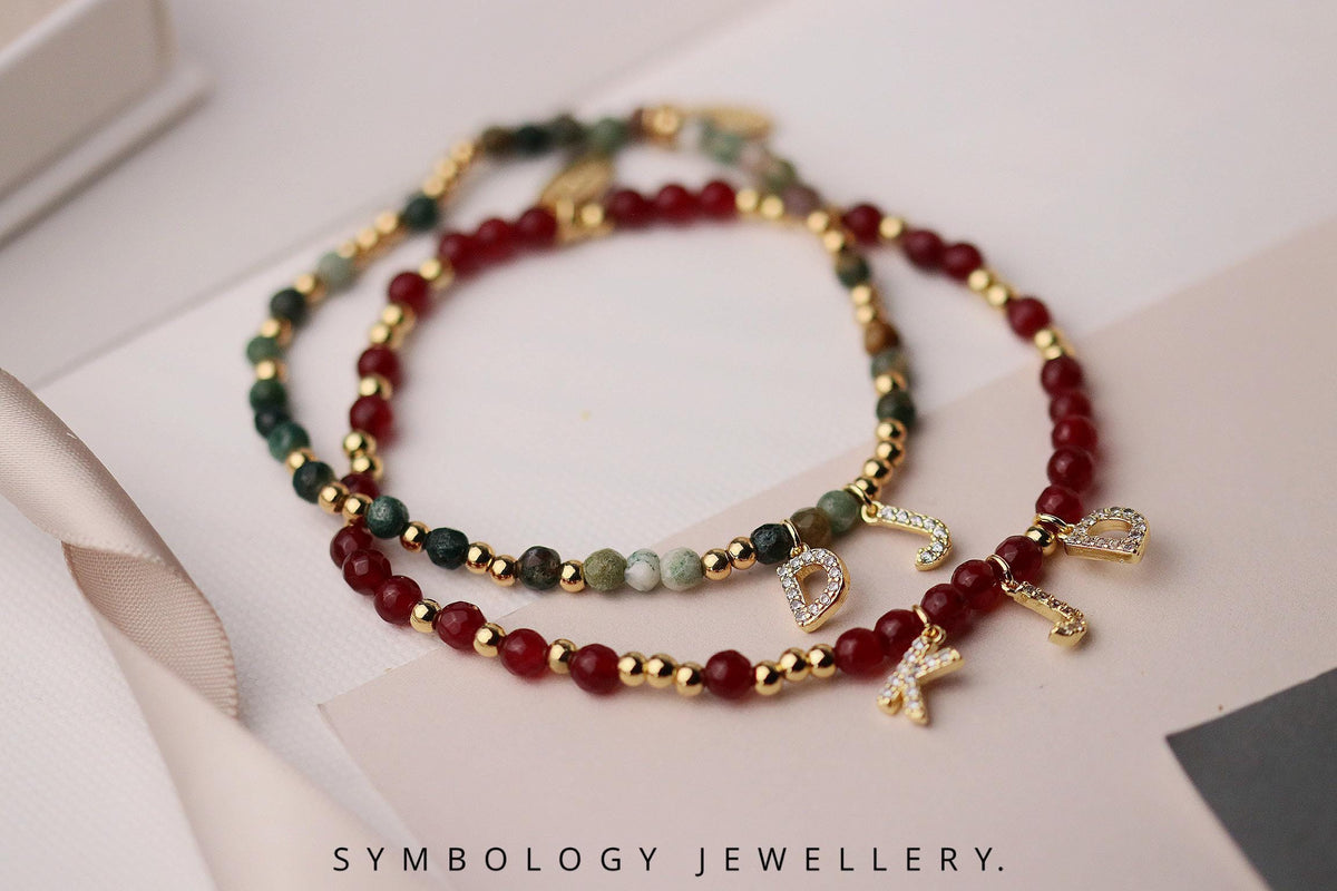 Personalised Gemstone Initial Bracelet – Red Agate & Indian Agate Beaded Bangle with Gold Filled CZ Alphabet Charm, Gingerbread Man