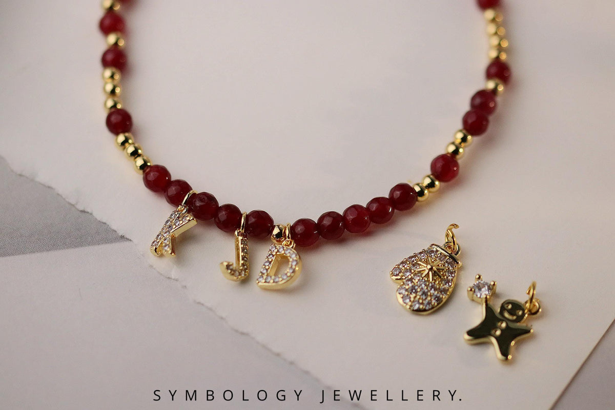 Personalised Gemstone Initial Bracelet – Red Agate & Indian Agate Beaded Bangle with Gold Filled CZ Alphabet Charm, Gingerbread Man