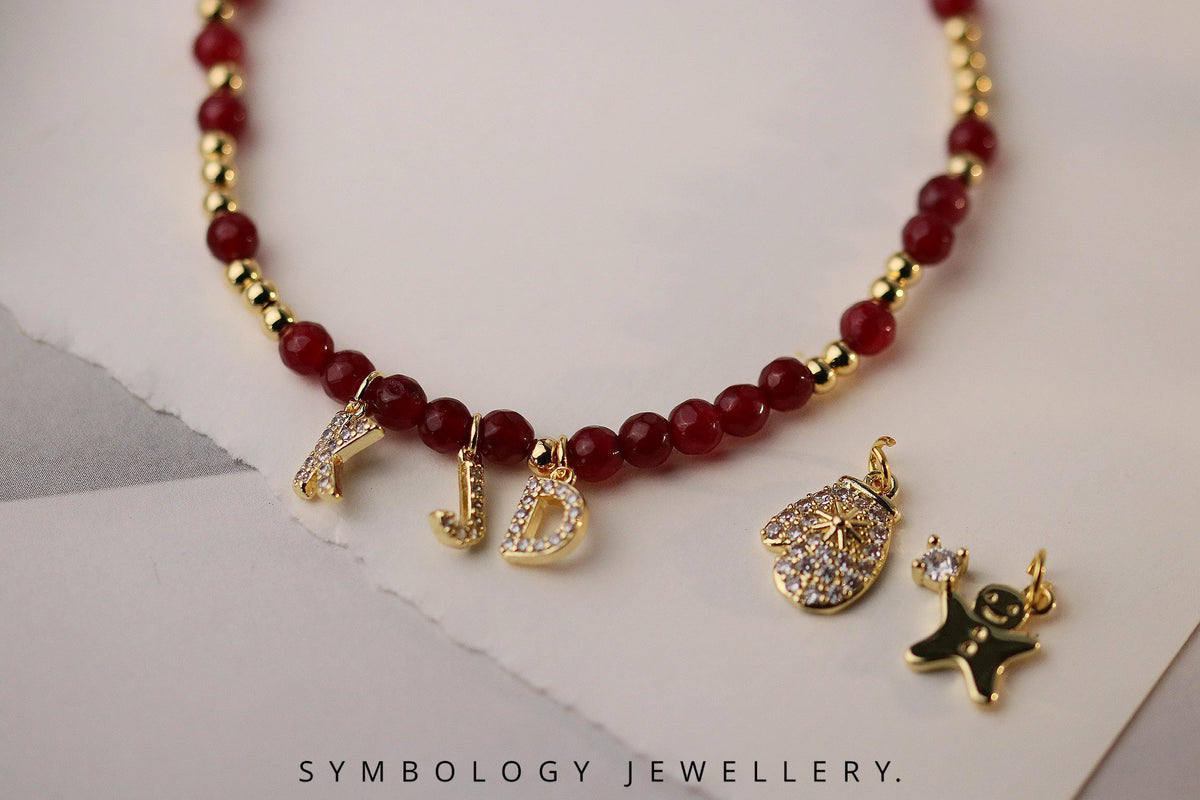 Indian Agate Beaded Initial Bracelet, Personalised Gemstone Name Bracelet, Gold Filled CZ Alphabet Charm Jewellery, Gingerbread Man