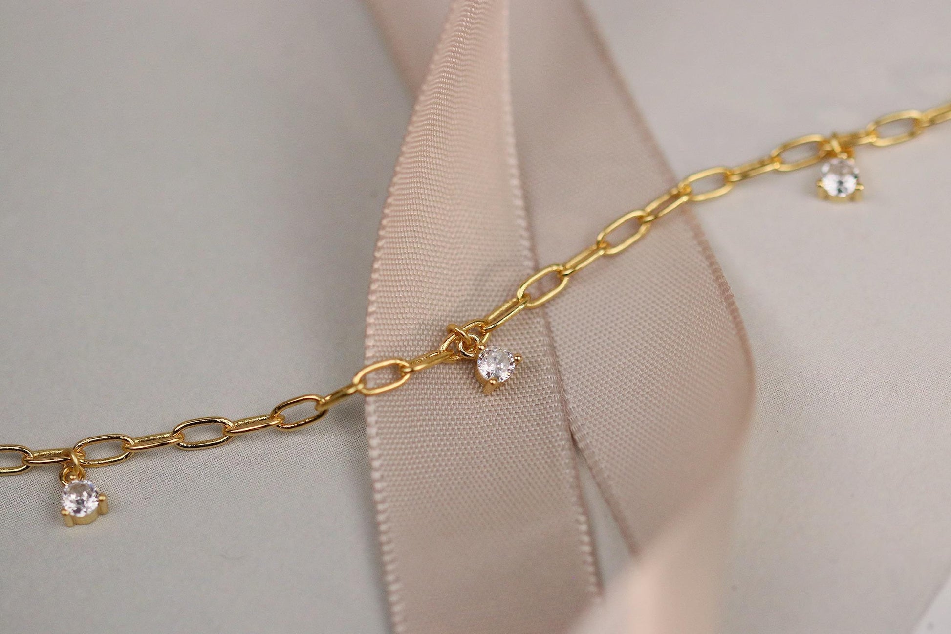925 Sterling Silver or Gold Dainty Chain Bracelet – CZ Crystal Drop Charm, Minimalist Adjustable Jewellery, Christmas Gift for Her