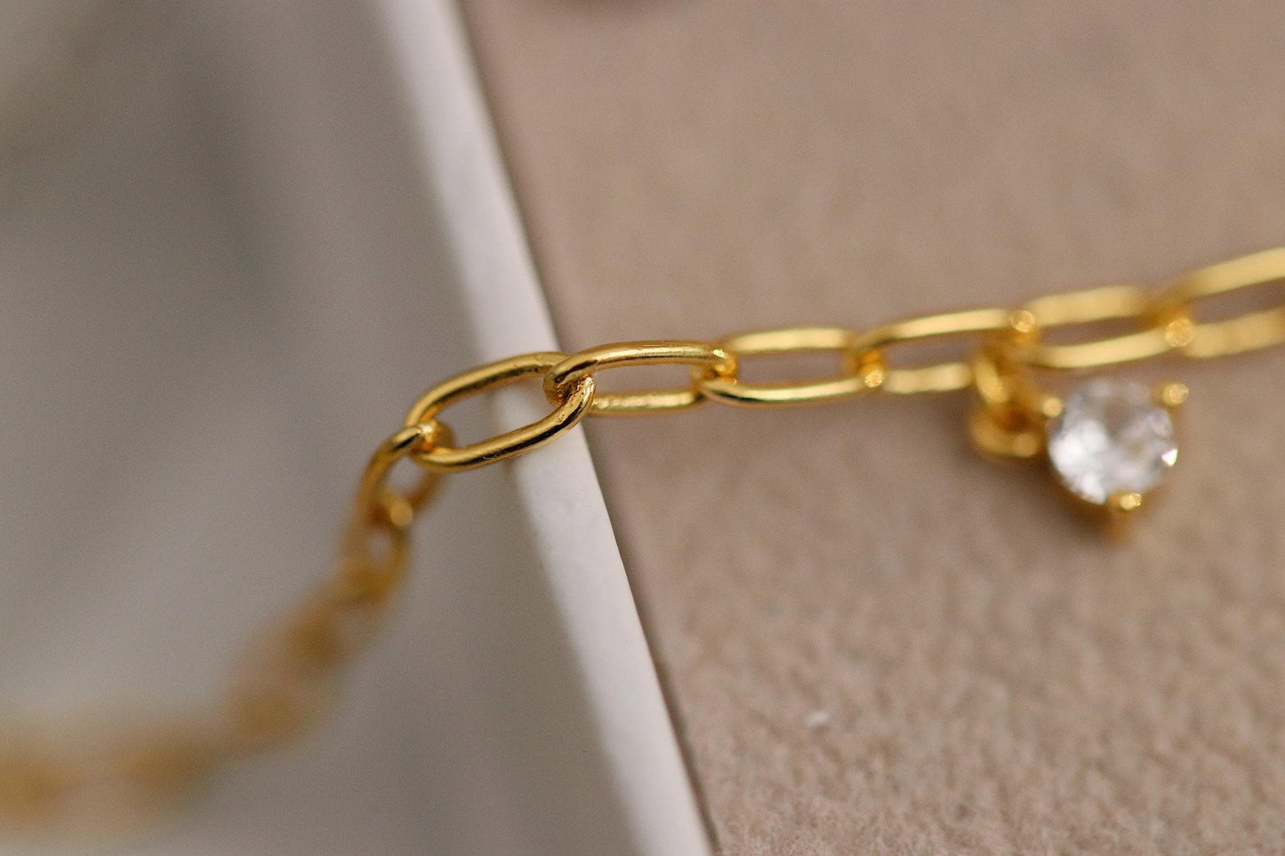 925 Sterling Silver or Gold Dainty Chain Bracelet – CZ Crystal Drop Charm, Minimalist Adjustable Jewellery, Christmas Gift for Her