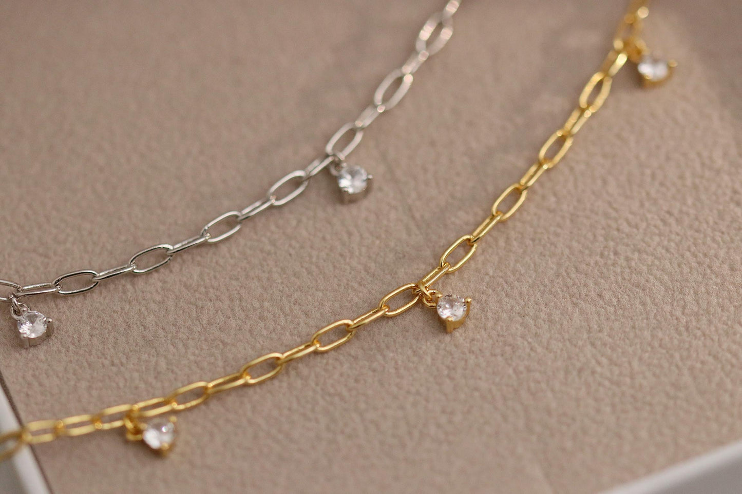 925 Sterling Silver or Gold Dainty Chain Bracelet – CZ Crystal Drop Charm, Minimalist Adjustable Jewellery, Christmas Gift for Her