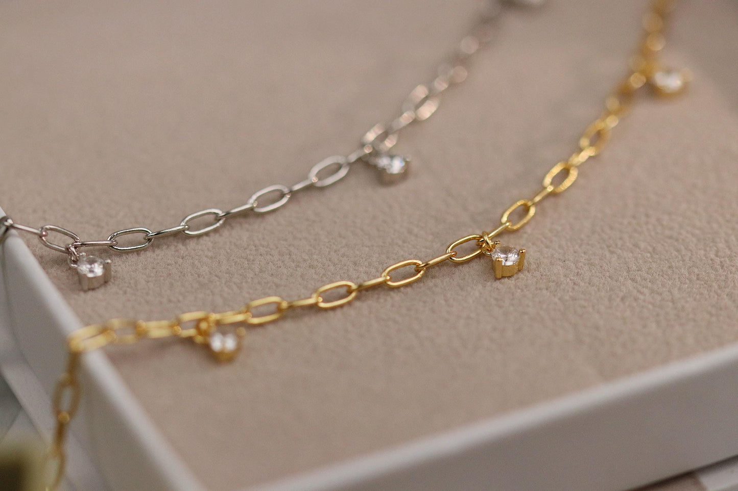 925 Sterling Silver or Gold Dainty Chain Bracelet – CZ Crystal Drop Charm, Minimalist Adjustable Jewellery, Christmas Gift for Her