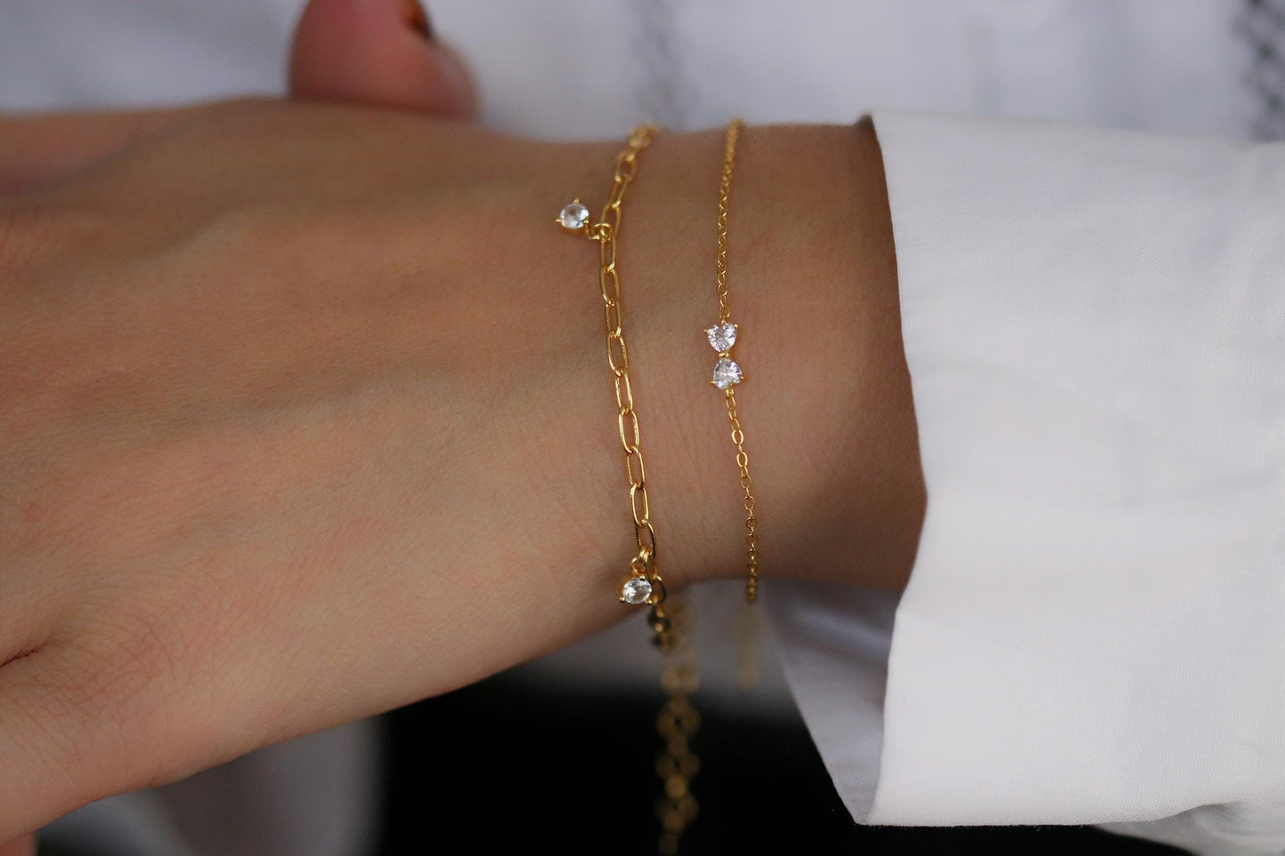 Sterling Silver, Gold Dainty Chain Bracelet – CZ Crystal Drop, Minimalist Adjustable Jewellery, Christmas Gift