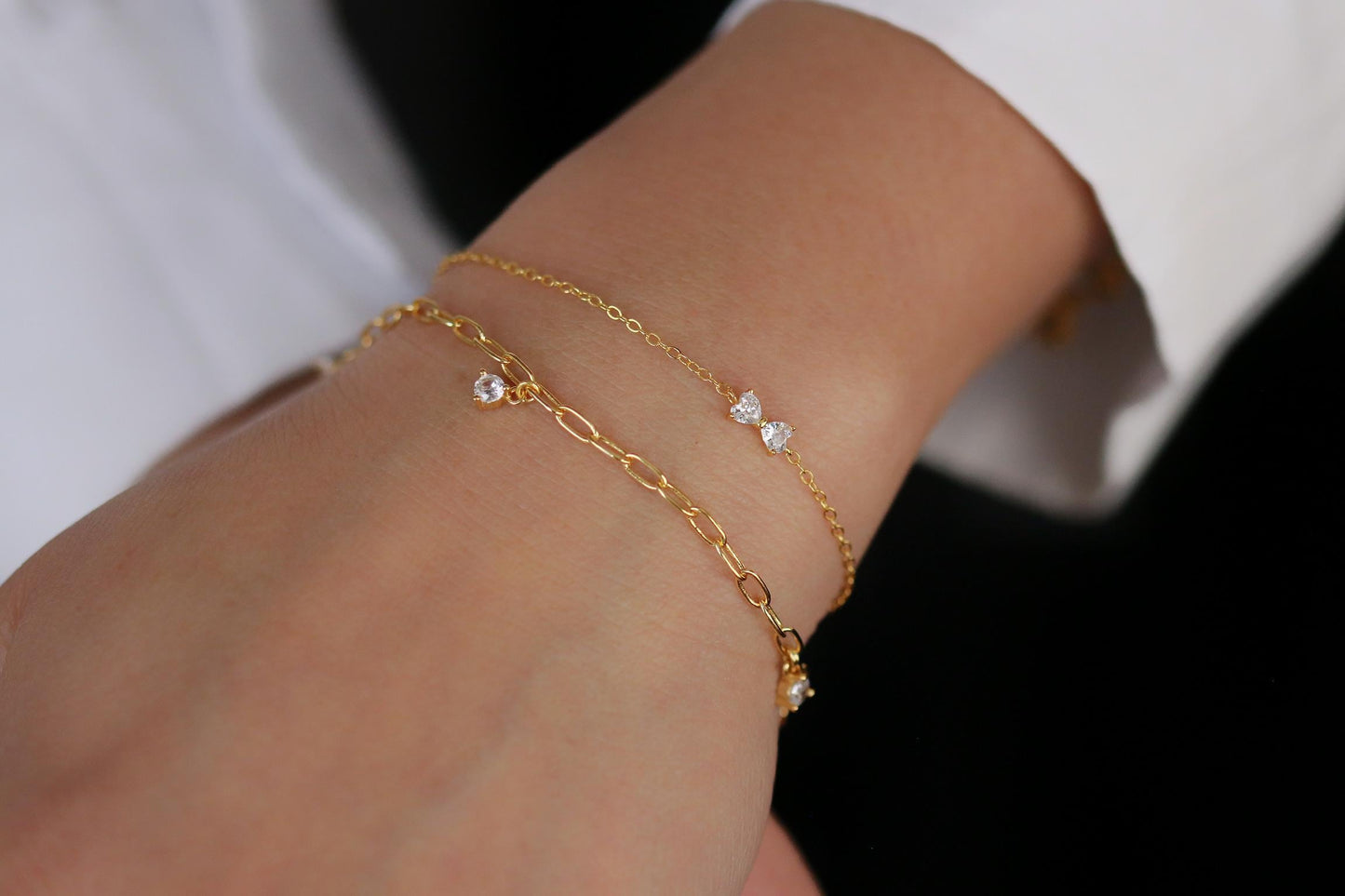Sterling Silver, Gold Dainty Chain Bracelet – CZ Crystal Drop, Minimalist Adjustable Jewellery, Christmas Gift