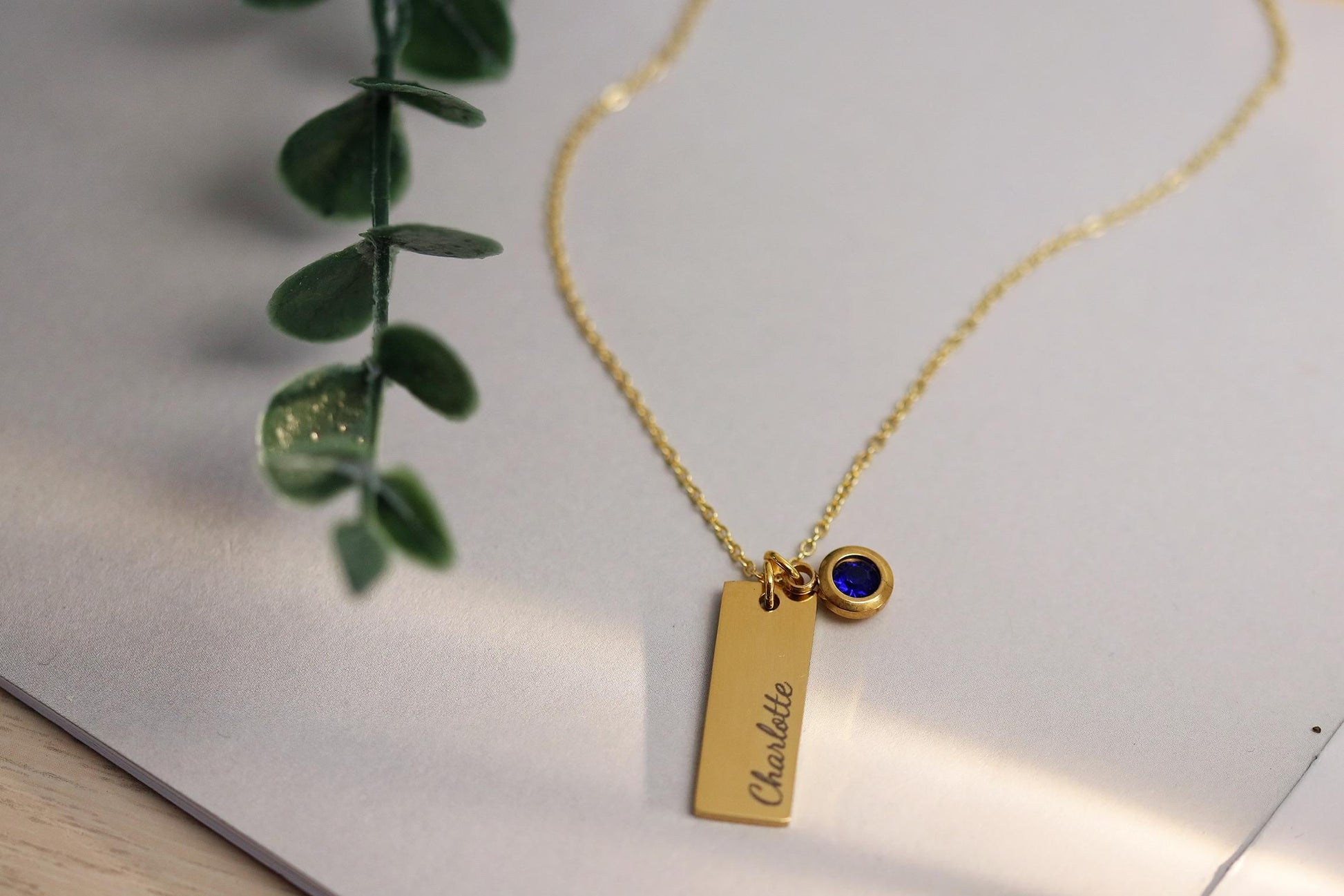 Gold Name Bar Necklace with Birthstone – Personalised Engraved NamePendant, Custom Date Jewellery Gift for Her, Birthday or Christmas Gift
