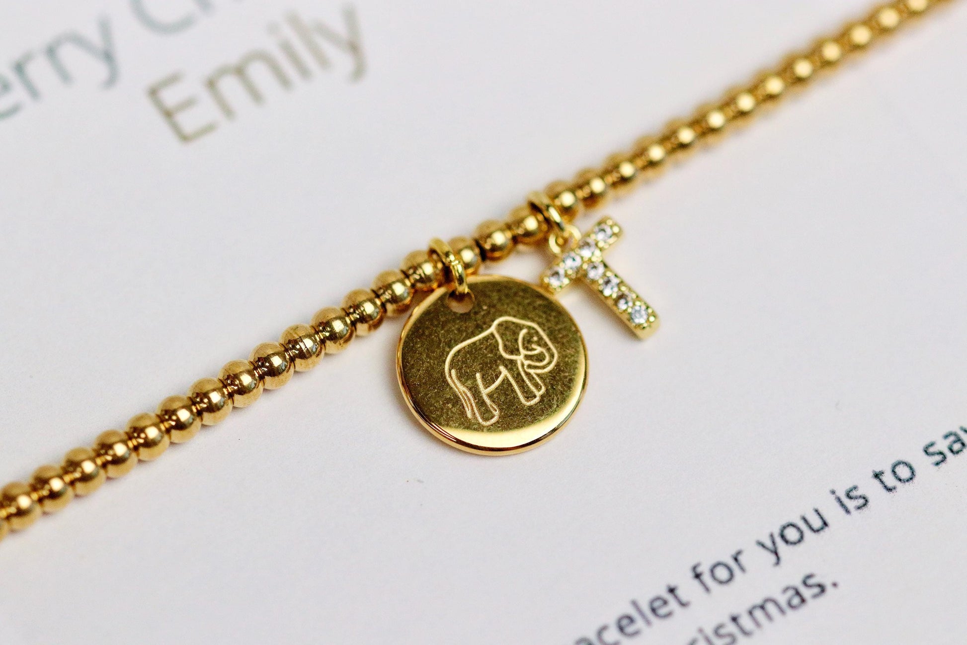 Elastic Gold Filled Bead Bracelet, 18K Gold Filled Elephant Charm Bracelet, Personalised Initial Bracelet with Personalised Name Card