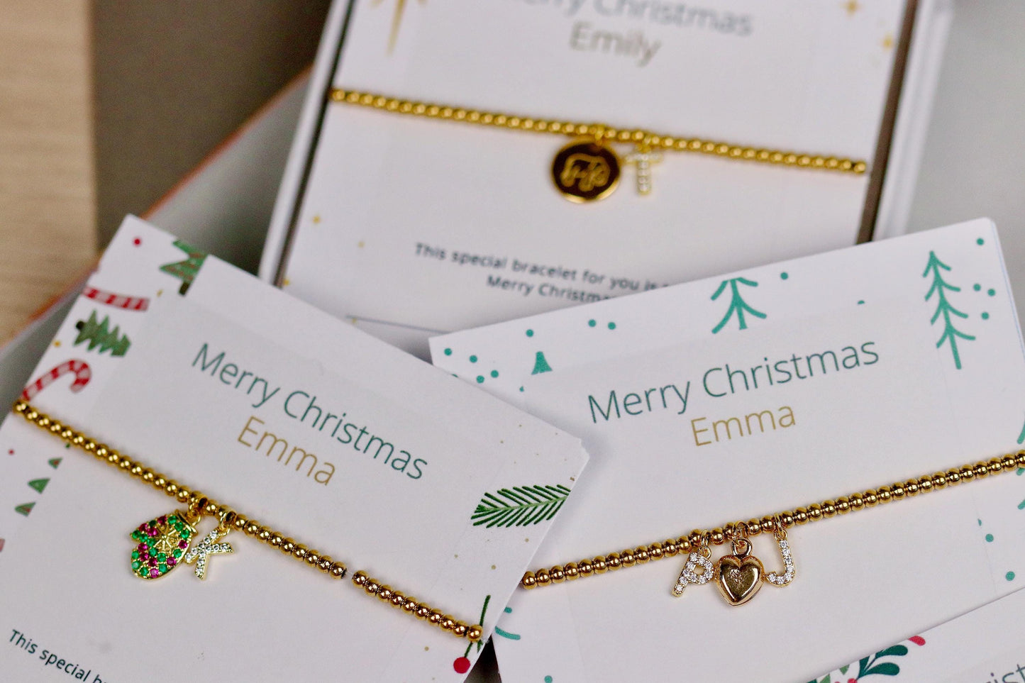 Elastic Gold Filled Beaded Bracelet, Dainty Ginger Bread Man Charm Bangle, Personalised Initial Name Card Jewellery