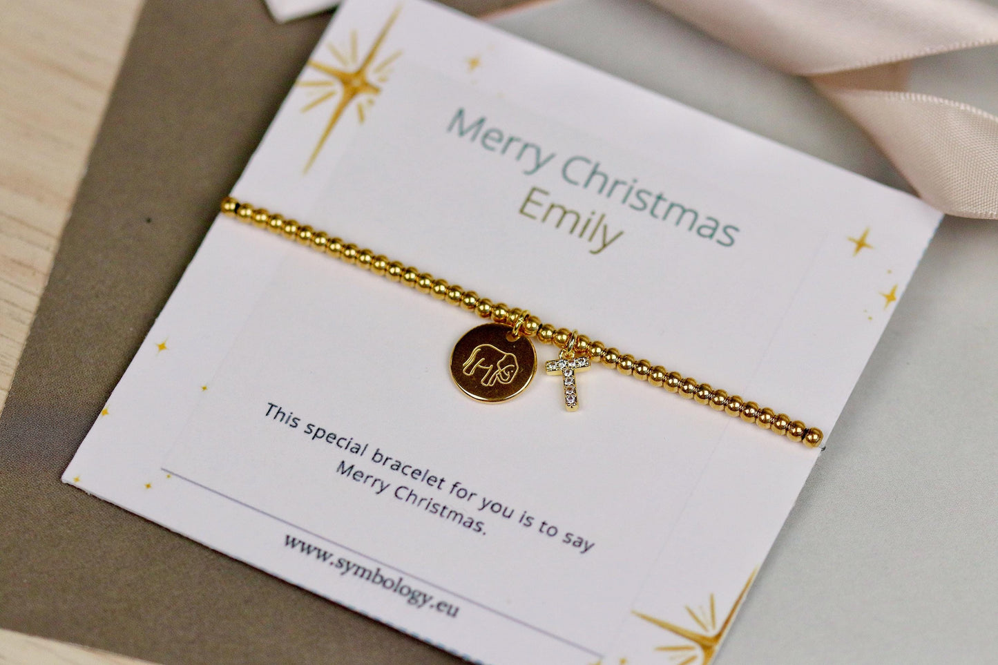 Elastic Gold Filled Bead Bracelet, 18K Gold Filled Elephant Charm Bracelet, Personalised Initial Bracelet with Personalised Name Card