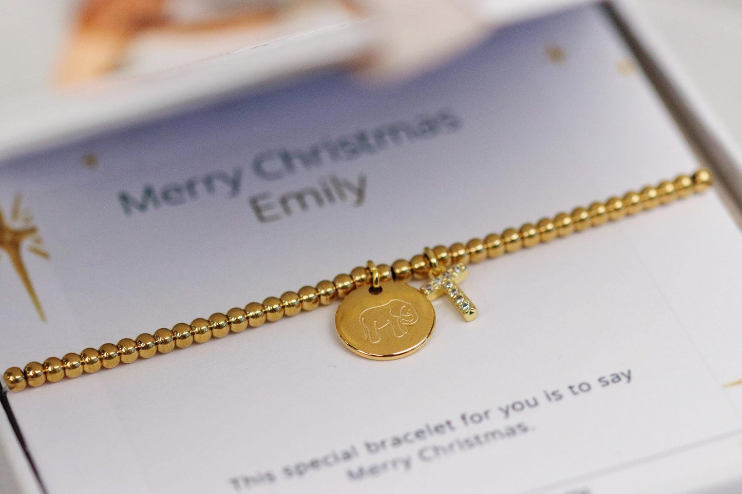 Elastic Gold Filled Bead Bracelet, 18K Gold Filled Elephant Charm Bracelet, Personalised Initial Bracelet with Personalised Name Card