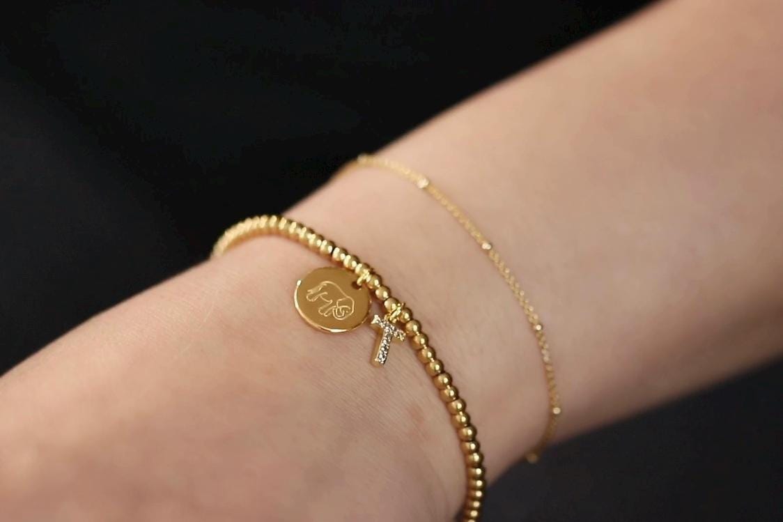 Elastic Gold Filled Bead Bracelet, 18K Gold Filled Elephant Charm Bracelet, Personalised Initial Bracelet with Personalised Name Card