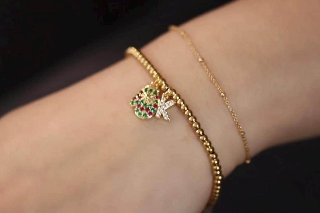 Rainbow Stone Glove Charm Stretch Bracelet, Elastic 18K Gold Filled Beads, Personalised Initial — Gift with Name Card