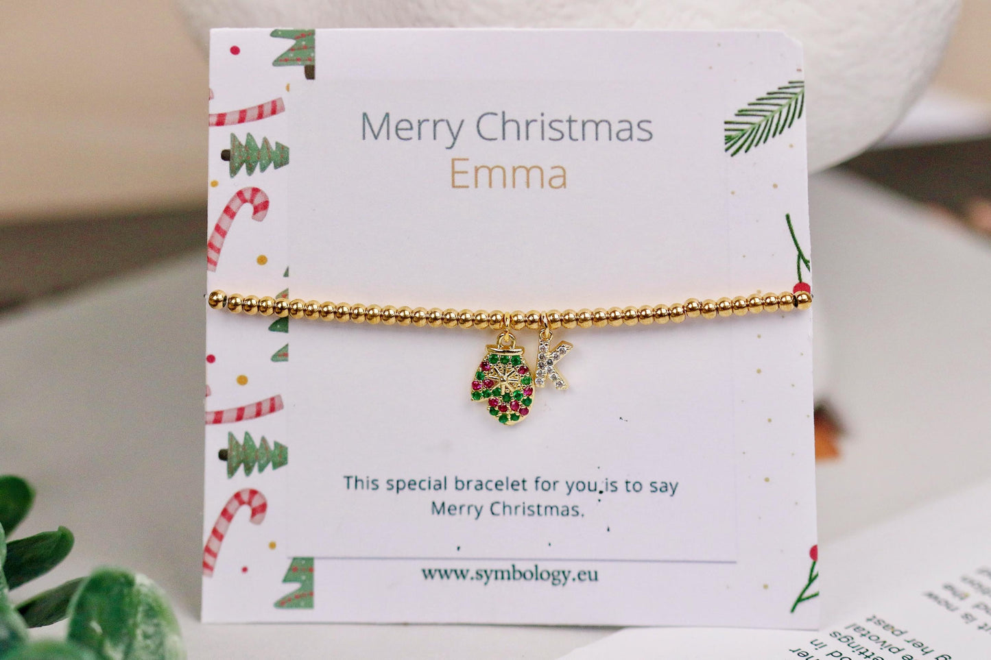 Rainbow Stone Glove Charm Stretch Bracelet, Elastic 18K Gold Filled Beads, Personalised Initial — Gift with Name Card
