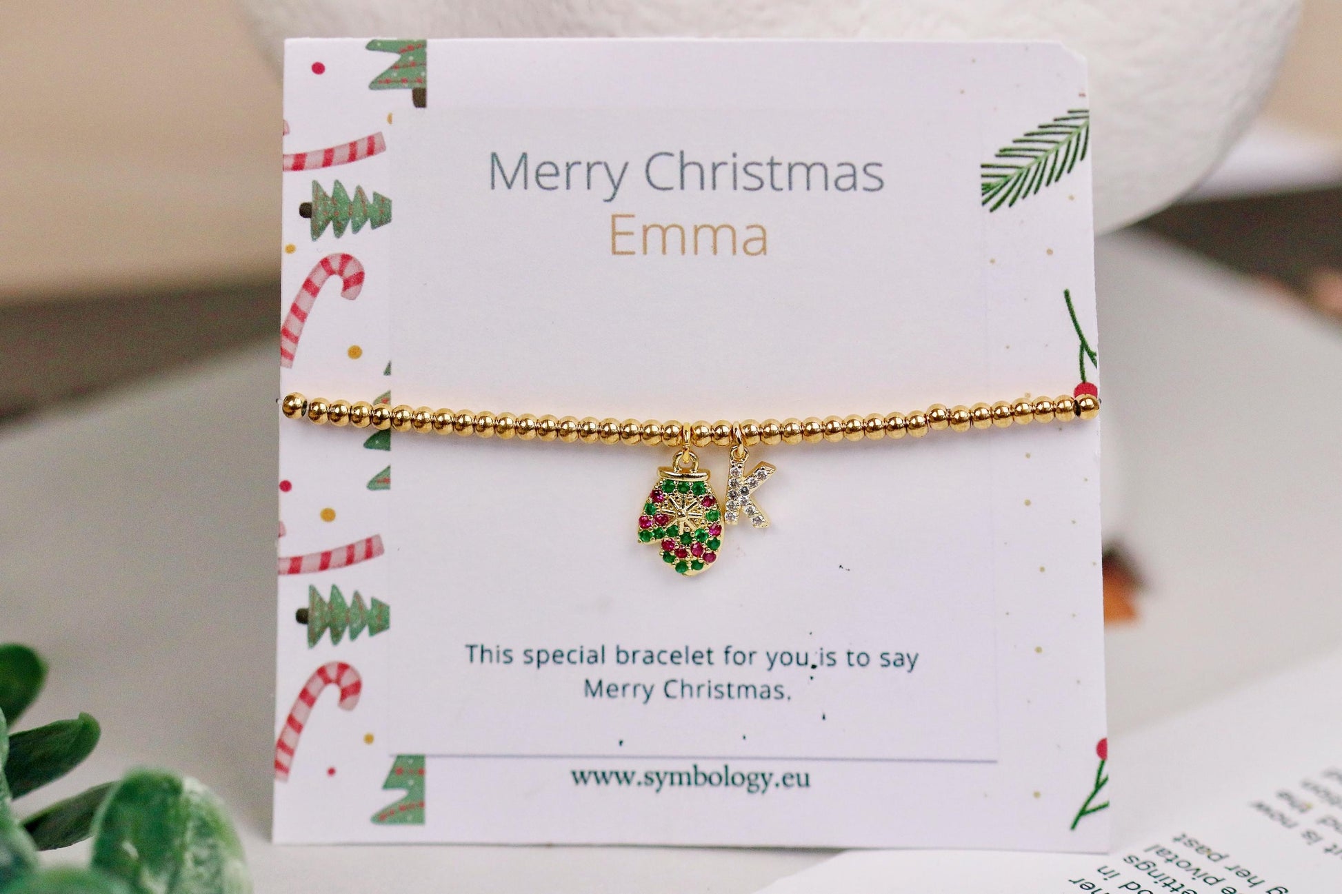 Rainbow Stone Glove Charm Stretch Bracelet, Elastic 18K Gold Filled Beads, Personalised Initial — Gift with Name Card