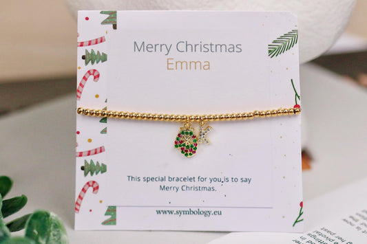 Rainbow Stone Glove Charm Stretch Bracelet, Elastic 18K Gold Filled Beads, Personalised Initial — Gift with Name Card