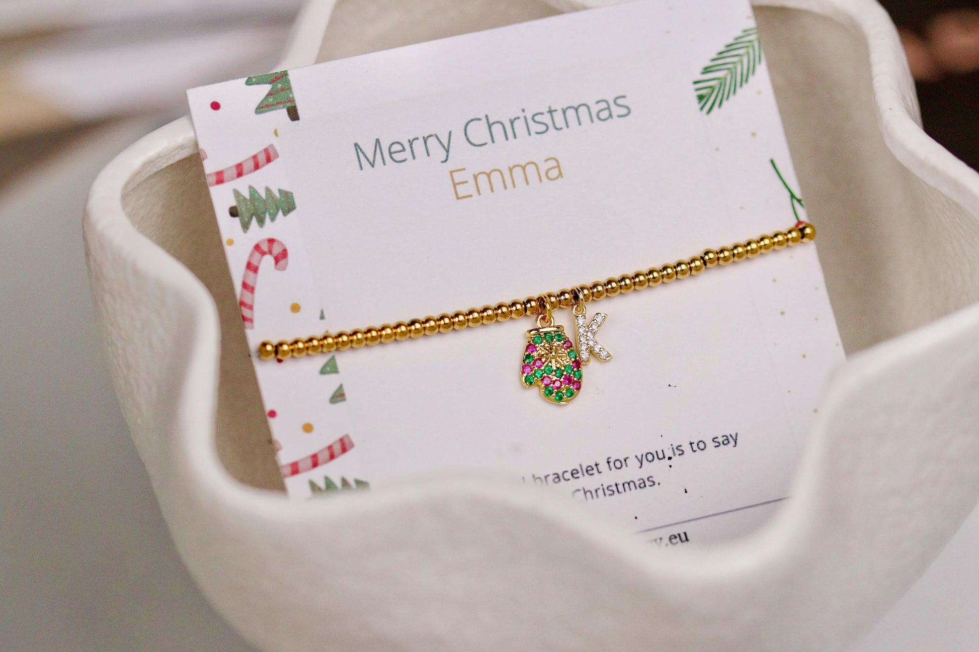 Rainbow Stone Glove Charm Stretch Bracelet, Elastic 18K Gold Filled Beads, Personalised Initial — Gift with Name Card