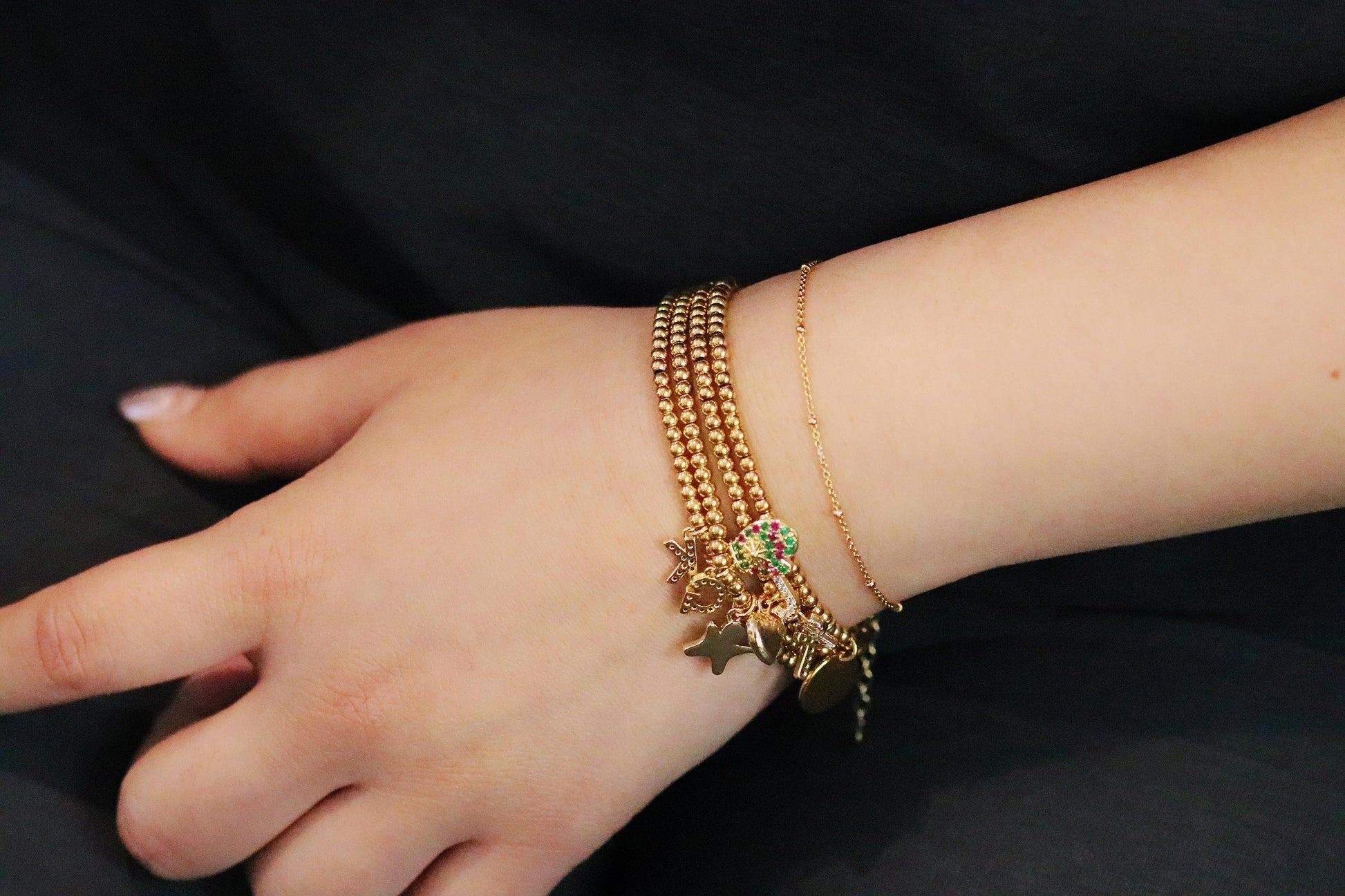 Rainbow Stone Glove Charm Stretch Bracelet, Elastic 18K Gold Filled Beads, Personalised Initial — Gift with Name Card
