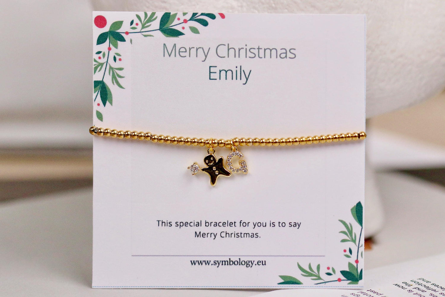 Elastic Gold Filled Beaded Bracelet, Dainty Ginger Bread Man Charm Bangle, Personalised Initial Name Card Jewellery