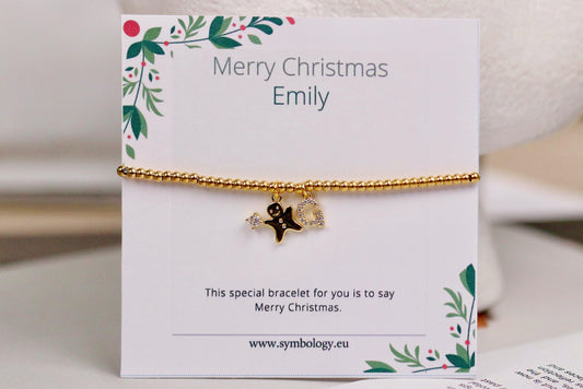 Elastic Gold Filled Beaded Bracelet, Dainty Ginger Bread Man Charm Bangle, Personalised Initial Name Card Jewellery