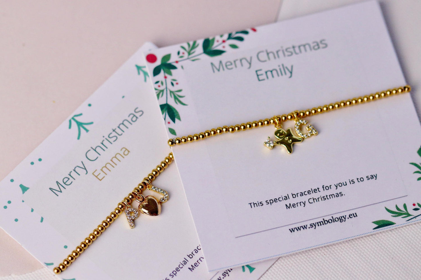 Elastic Gold Filled Beaded Bracelet, Dainty Ginger Bread Man Charm Bangle, Personalised Initial Name Card Jewellery