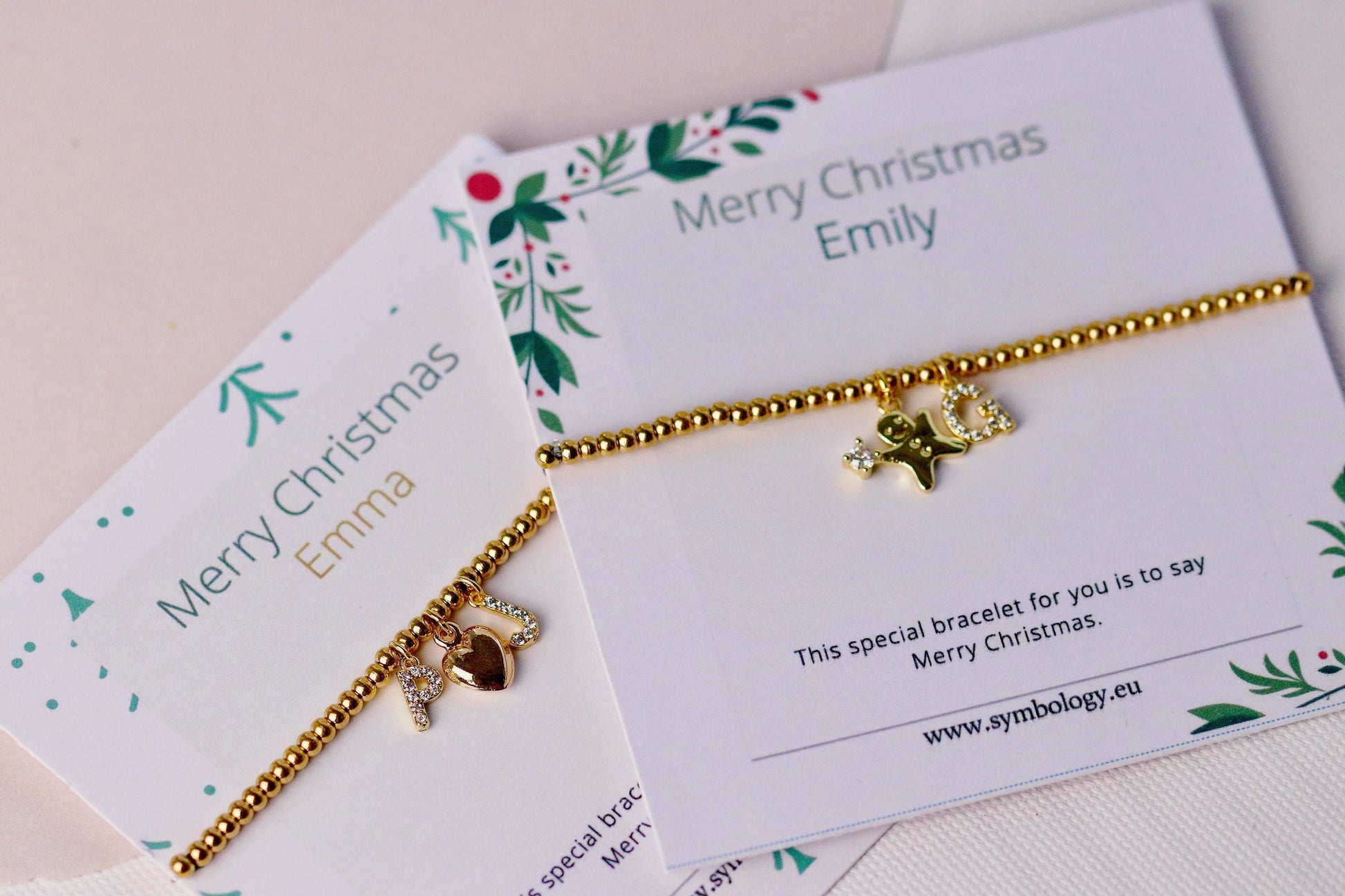 Elastic Gold Filled Beaded Bracelet, Dainty Ginger Bread Man Charm Bangle, Personalised Initial Name Card Jewellery