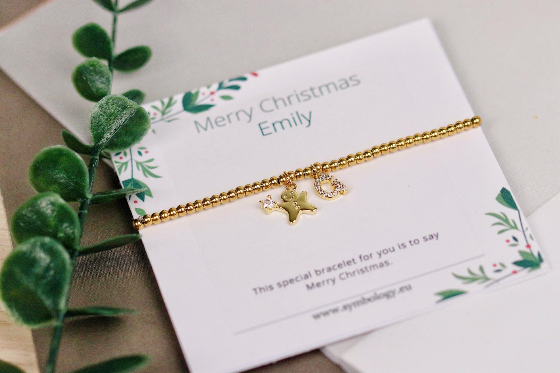 Elastic Gold Filled Beaded Bracelet, Dainty Ginger Bread Man Charm Bangle, Personalised Initial Name Card Jewellery