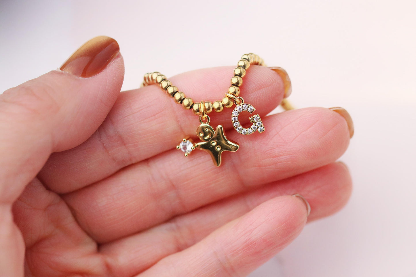 Elastic Gold Filled Beaded Bracelet, Dainty Ginger Bread Man Charm Bangle, Personalised Initial Name Card Jewellery