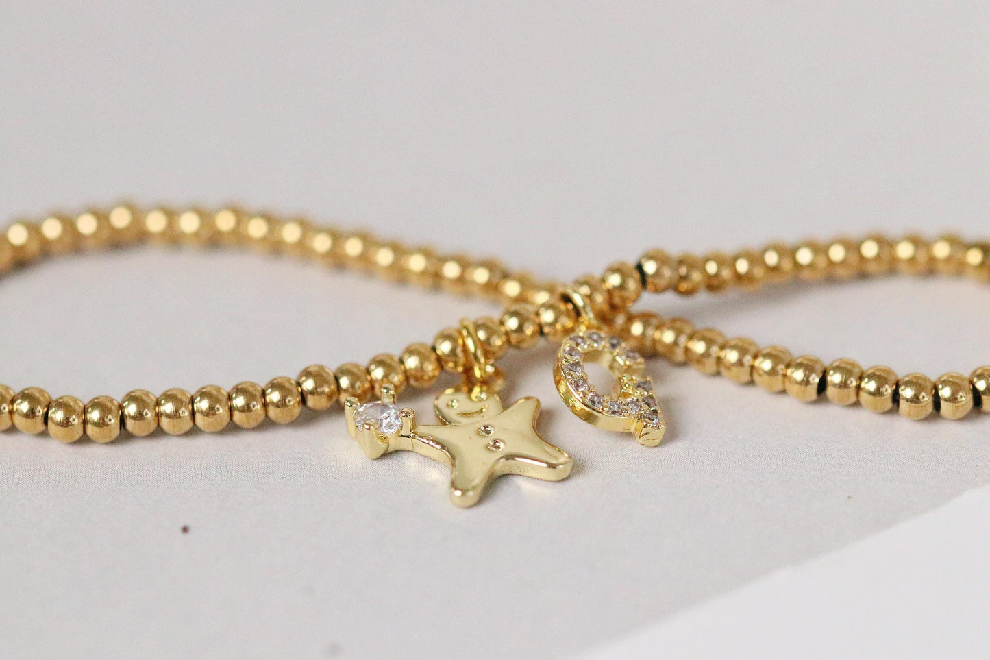 Elastic Gold Filled Beaded Bracelet, Dainty Ginger Bread Man Charm Bangle, Personalised Initial Name Card Jewellery