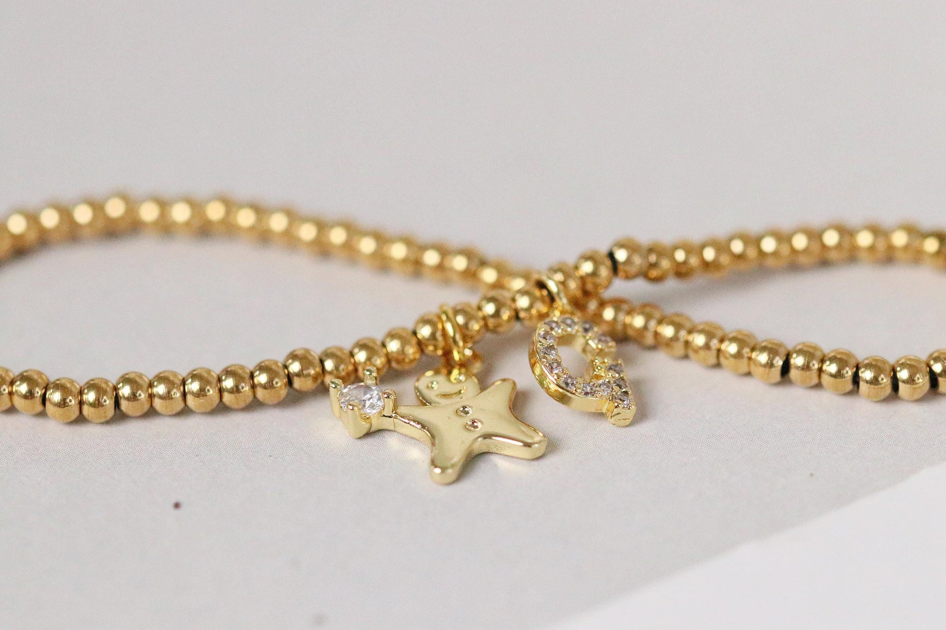 Elastic Gold Filled Beaded Bracelet, Dainty Ginger Bread Man Charm Bangle, Personalised Initial Name Card Jewellery